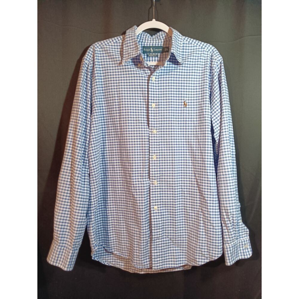 Men Ralph Lauren Classics RL Shirt Large Blue White Tablecloth Pattern $125 - Picture 2 of 5